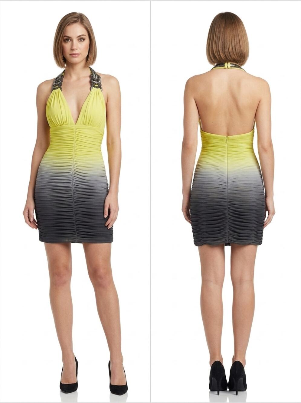 Jovani Ombre Yellow Black Ruched Halter Bodycon Mini Dress Women Size 4